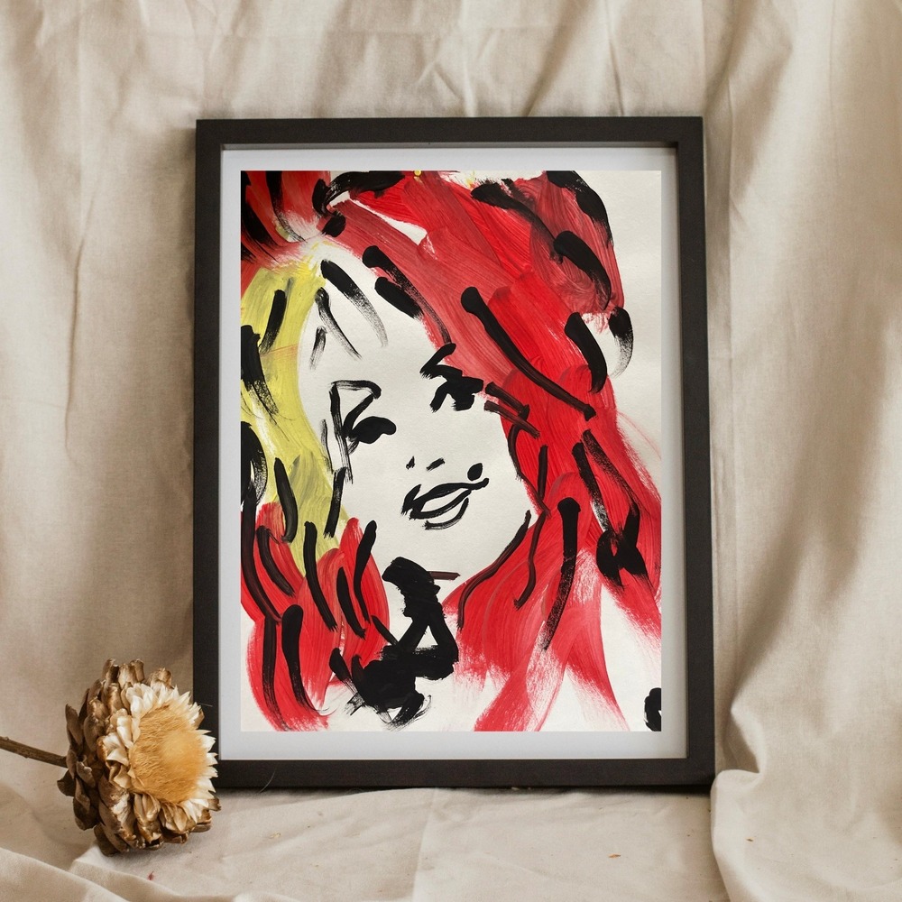 OMAN Dolly Parton Abstract Pop Art Portrait Painting 8.5x11 Paper Red Yellow